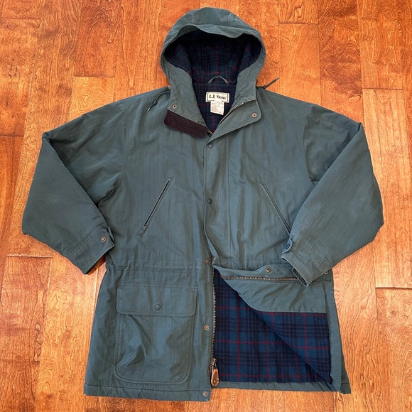 Vintage LL Bean Parka Mens L Green Wool Plaid Lined Hooded Chore Coat Jacket 90s